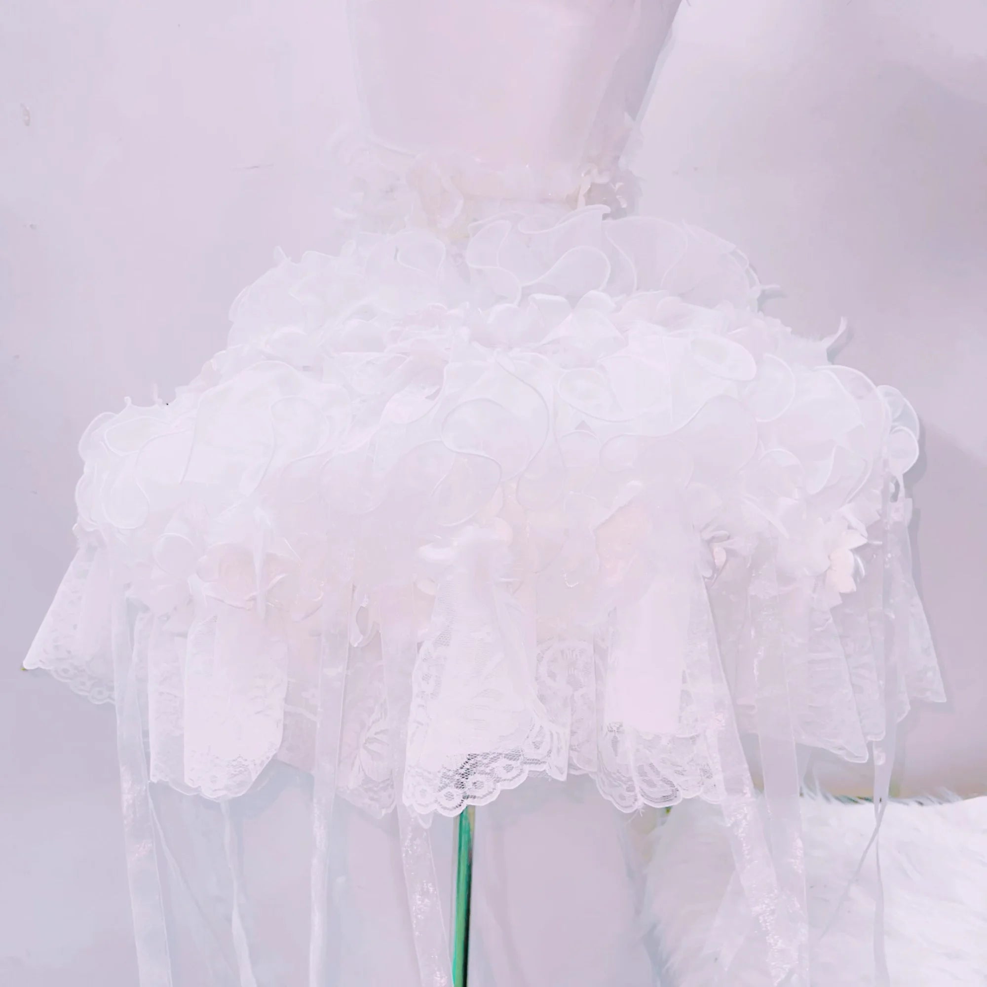 Whimsical Ruffle Flower Applique High-Low Mini Set - Ethereal White for Halloween, Bridal & Holiday Celebrations