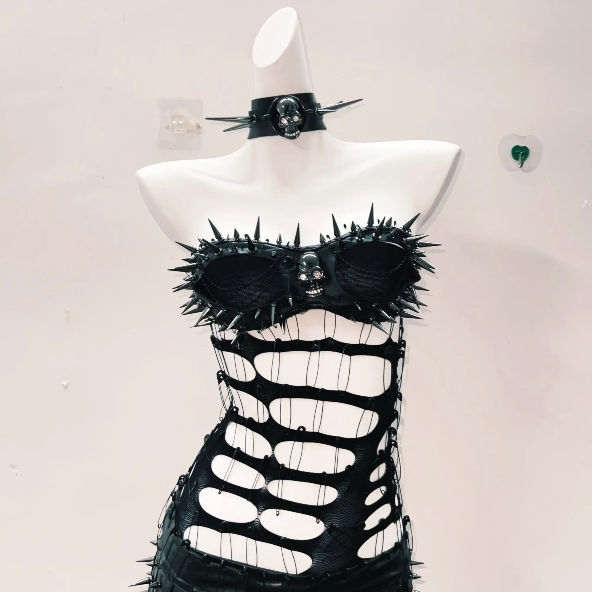 Unleash Your Inner Rebel: Spiked Skull & Chain Mini Set with Choker - Goth Punk Halloween Ready