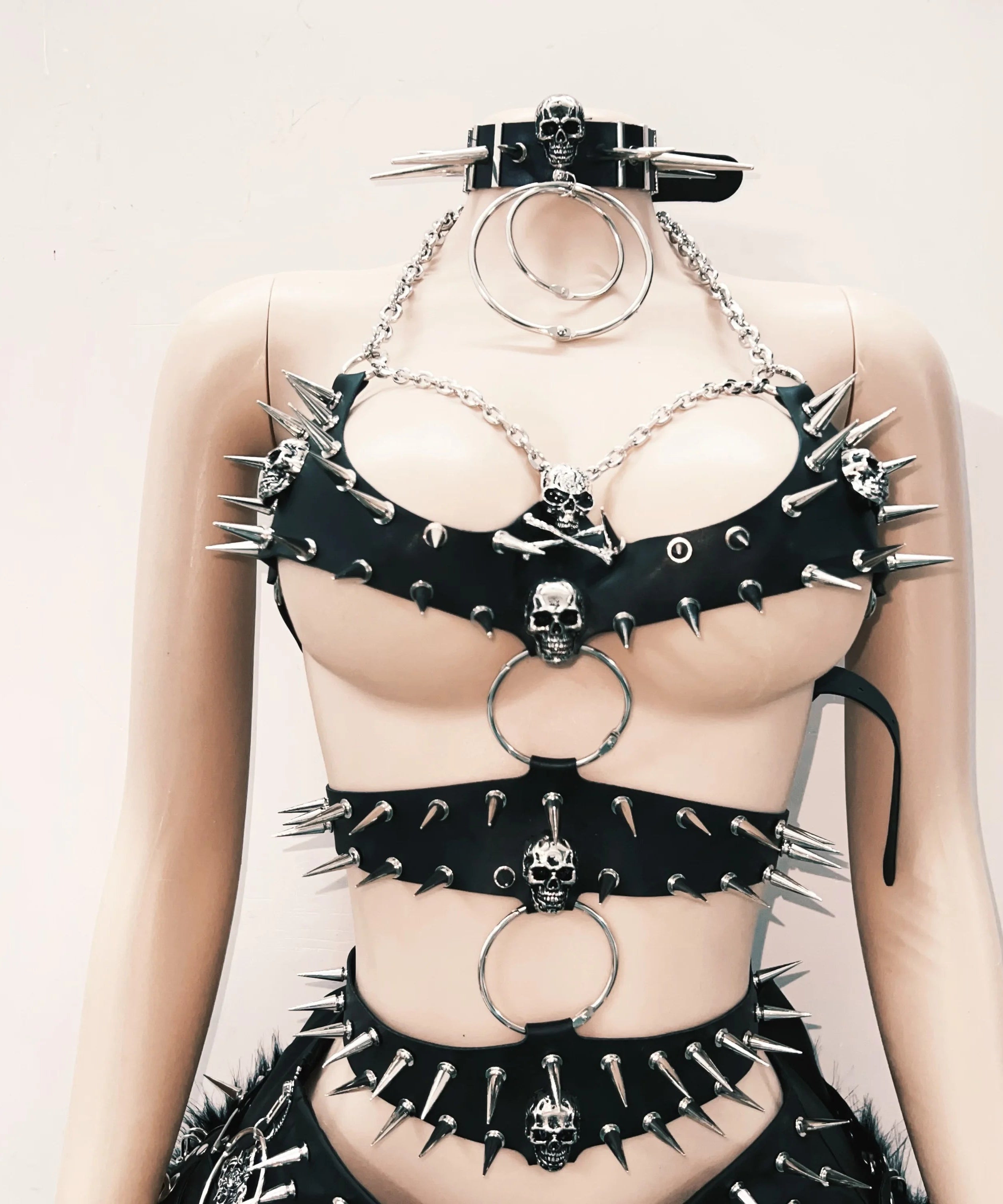 Gothic Siren Spiked Halter & Fur Mini Skirt Set - Ultimate Halloween & Rave Statement