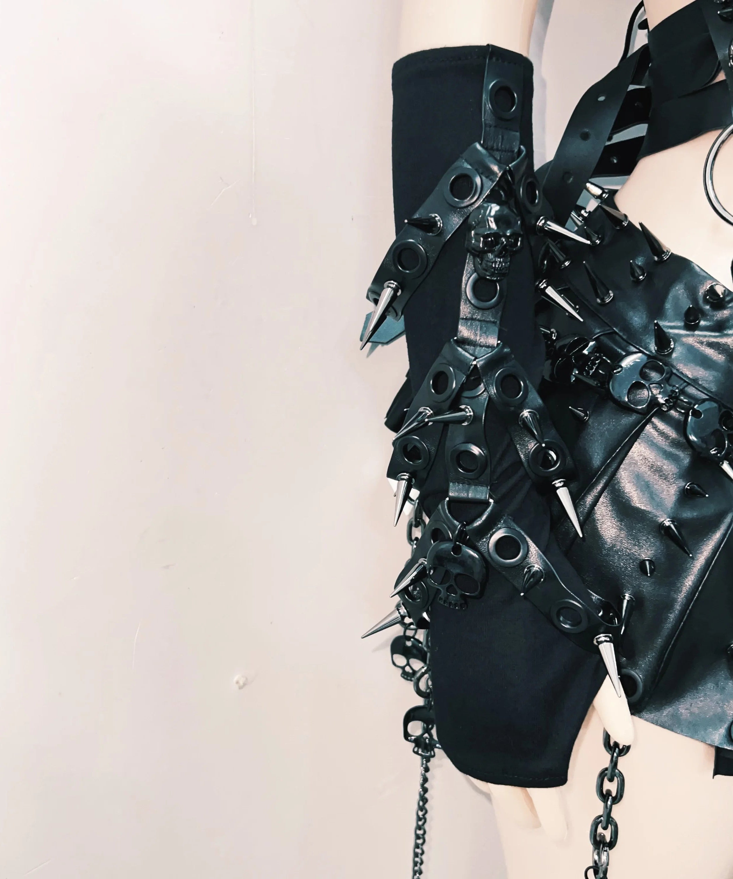 Unleash Your Inner Dark Siren: Spiked Skull Harness Mini Skirt Set – Perfect for Halloween, Raves & Goth Nights!