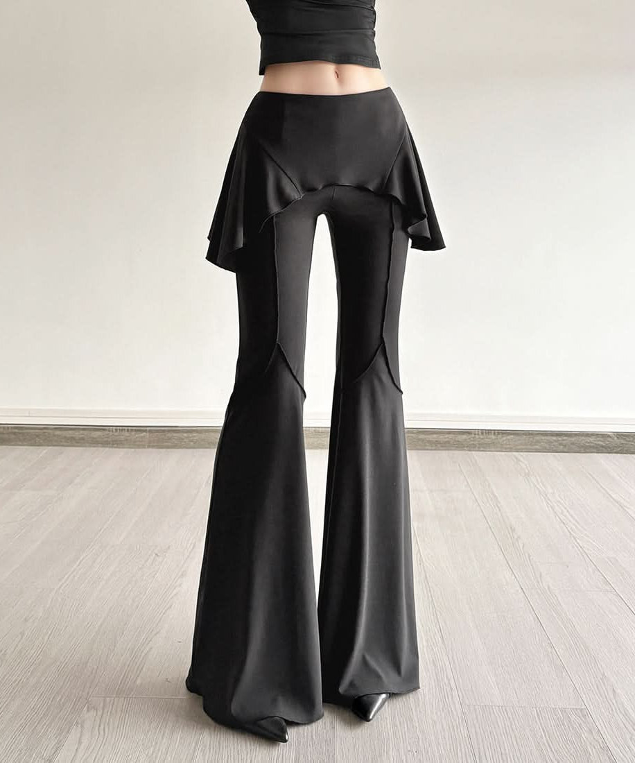Chic Ruffle Waist High-Waisted Flare Pants - Black Fall Statement Piece