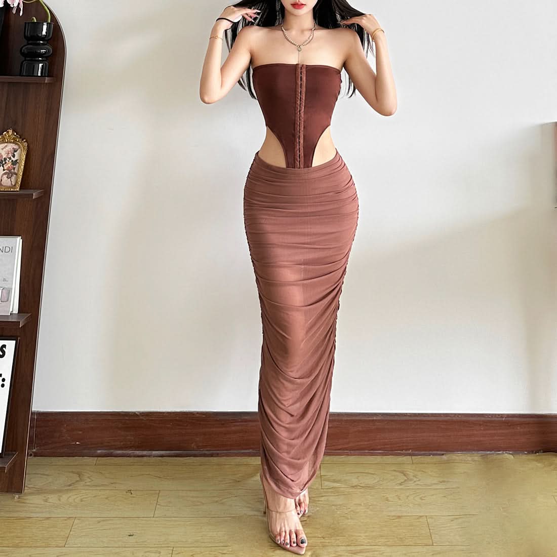 Sultry Siren Strapless Corset Cutout Ruched Maxi Dress - Fall Party & Date Night Ready
