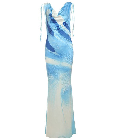 Azure Aura Backless Cowl Neck Maxi Dress - Fall Gala & Winter Escape Ready