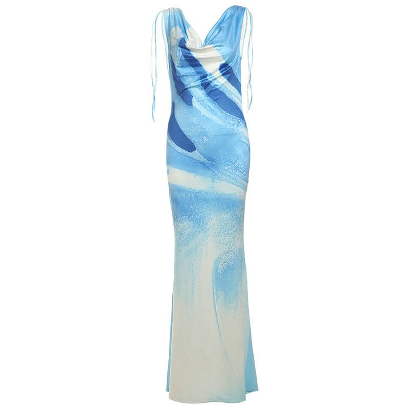 Azure Aura Backless Cowl Neck Maxi Dress - Fall Gala & Winter Escape Ready