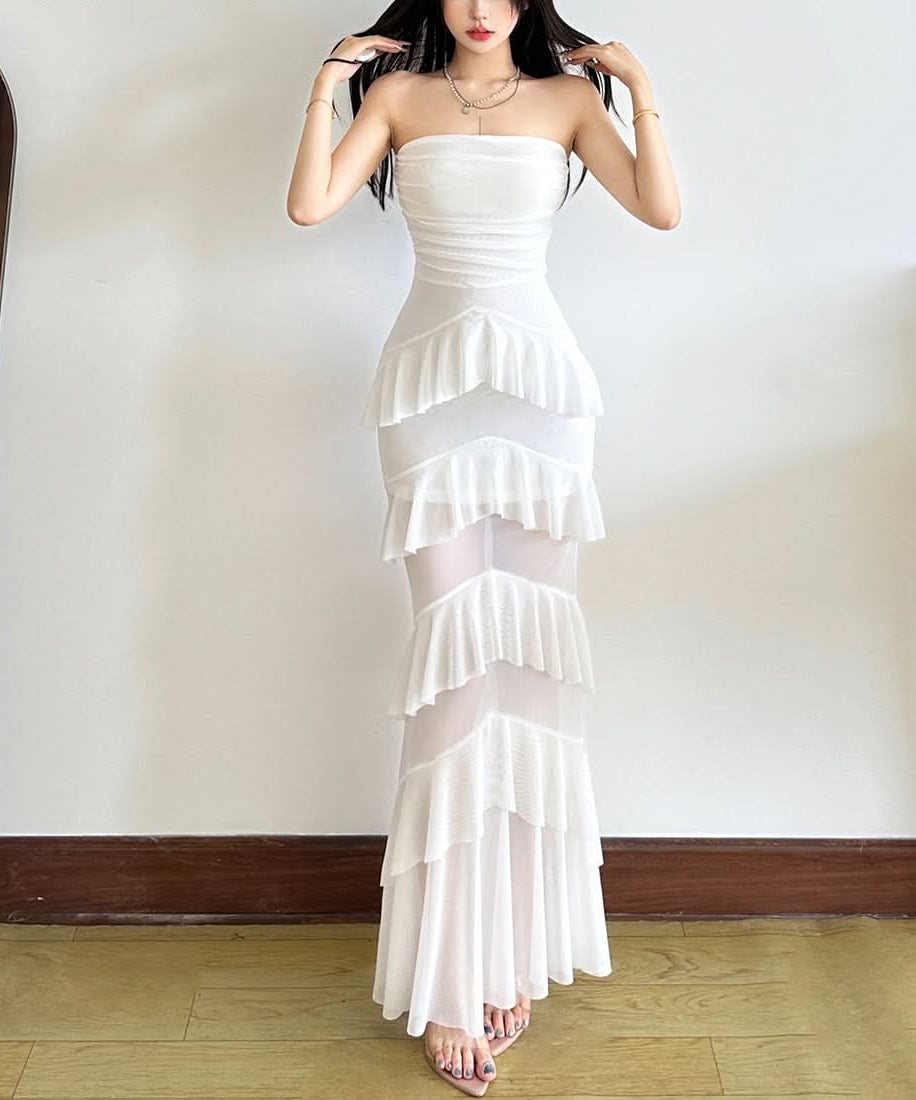 Elegant White Ruffled Mesh Maxi Dress - Strapless Tiered Gown for Holiday Parties & Resort Escapes