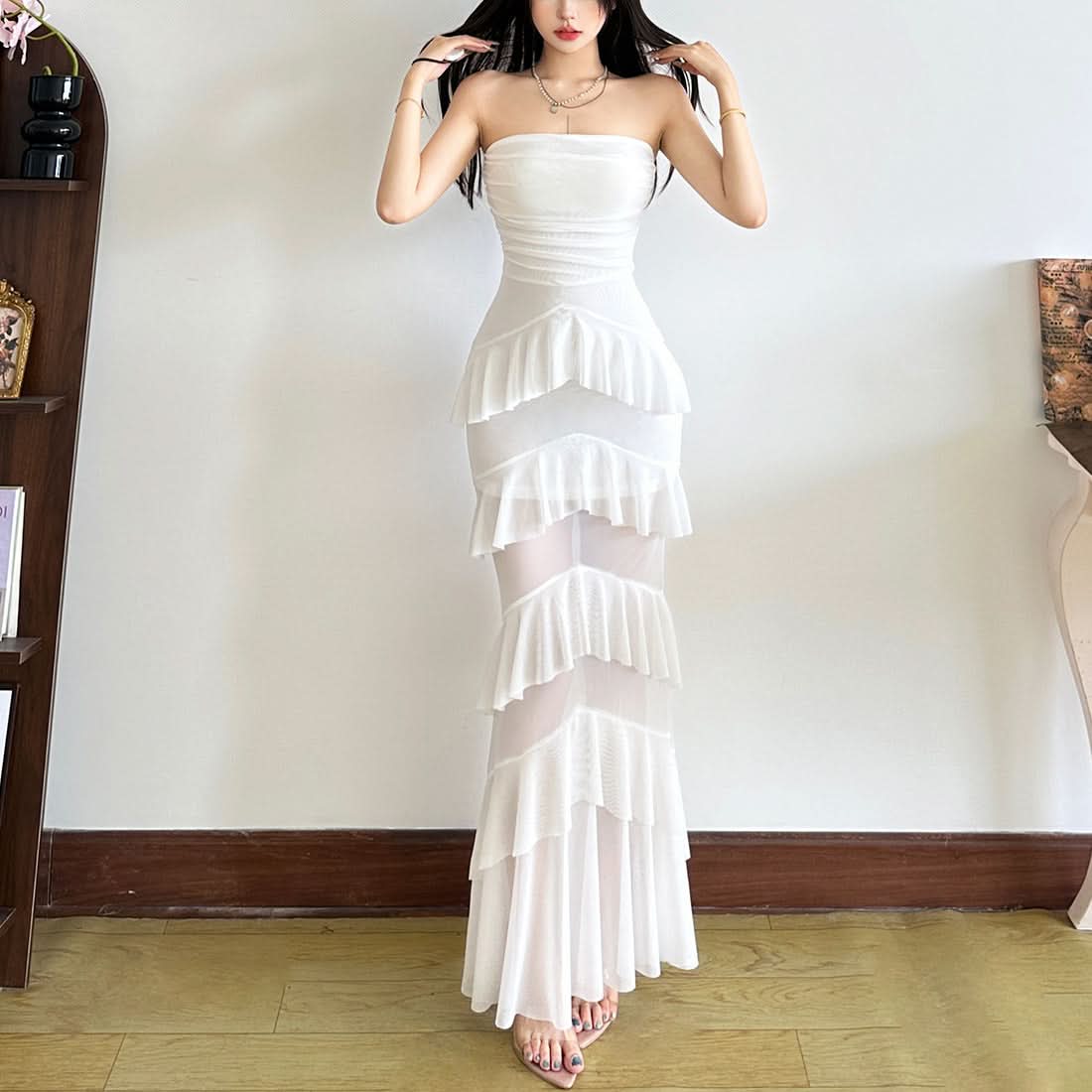 Elegant White Ruffled Mesh Maxi Dress - Strapless Tiered Gown for Holiday Parties & Resort Escapes