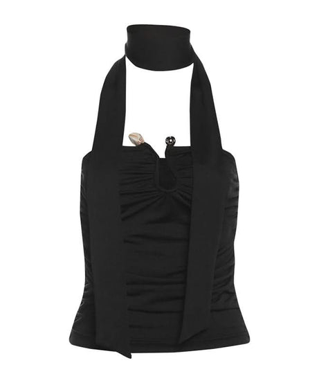 Effortlessly Chic Black Halter Top: Ruched Backless Keyhole & Shell Charm for Fall & Holiday Glam