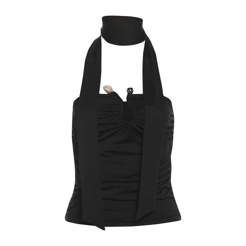Effortlessly Chic Black Halter Top: Ruched Backless Keyhole & Shell Charm for Fall & Holiday Glam