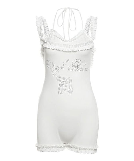 Angelic Sparkle Ruffle Halter Romper - White Bodycon Fall Fashion