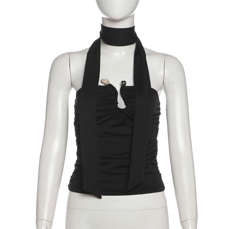 Effortlessly Chic Black Halter Top: Ruched Backless Keyhole & Shell Charm for Fall & Holiday Glam
