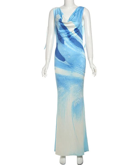 Azure Aura Backless Cowl Neck Maxi Dress - Fall Gala & Winter Escape Ready