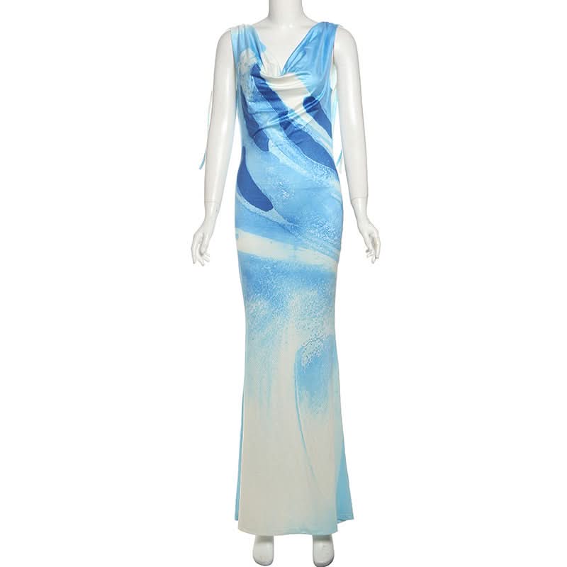 Azure Aura Backless Cowl Neck Maxi Dress - Fall Gala & Winter Escape Ready