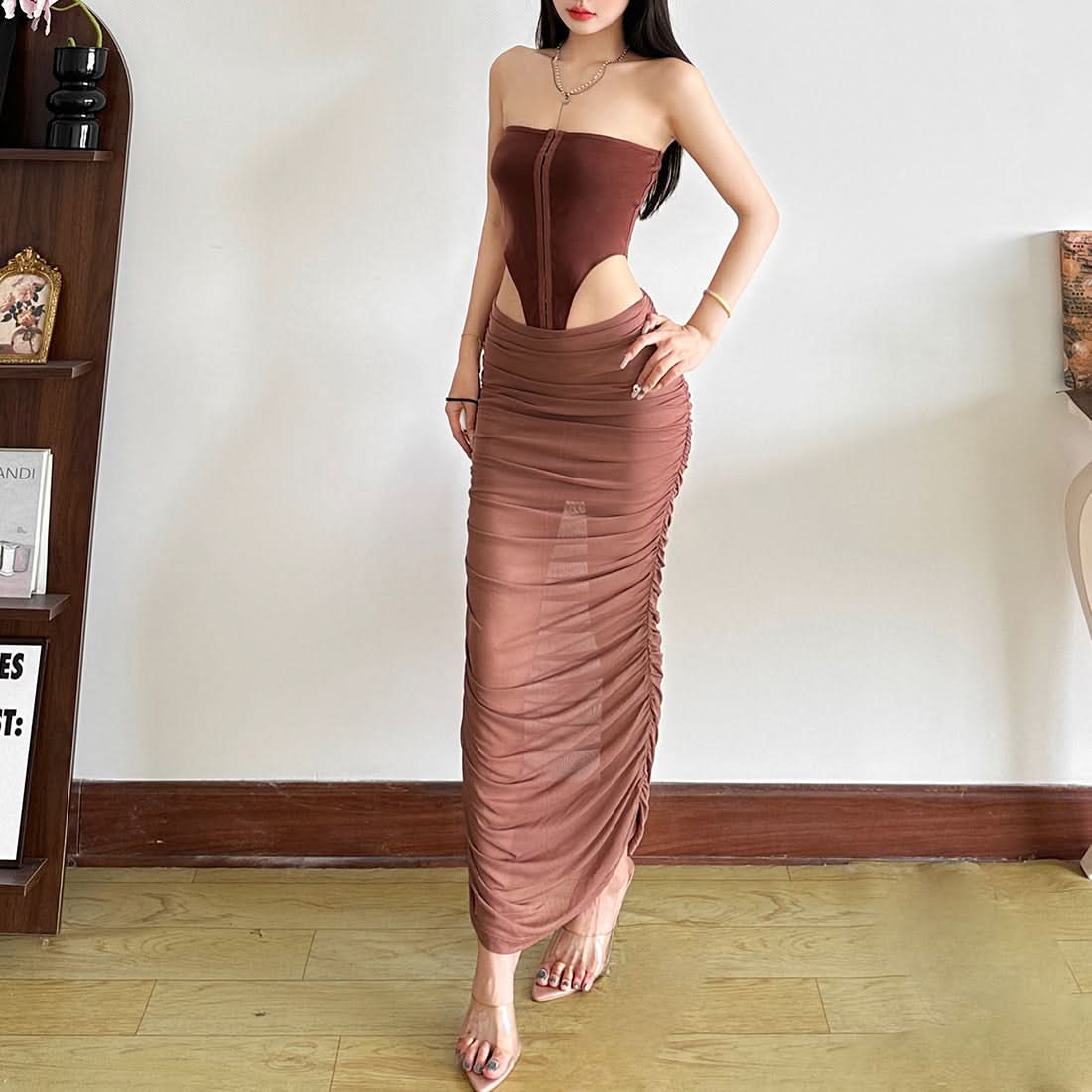 Sultry Siren Strapless Corset Cutout Ruched Maxi Dress - Fall Party & Date Night Ready