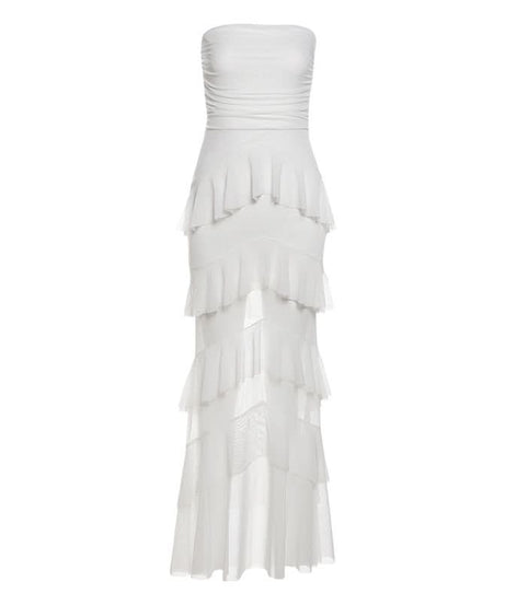 Elegant White Ruffled Mesh Maxi Dress - Strapless Tiered Gown for Holiday Parties & Resort Escapes