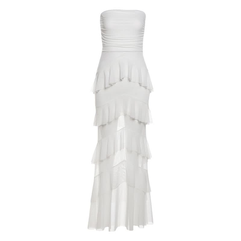 Elegant White Ruffled Mesh Maxi Dress - Strapless Tiered Gown for Holiday Parties & Resort Escapes