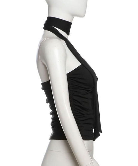 Effortlessly Chic Black Halter Top: Ruched Backless Keyhole & Shell Charm for Fall & Holiday Glam