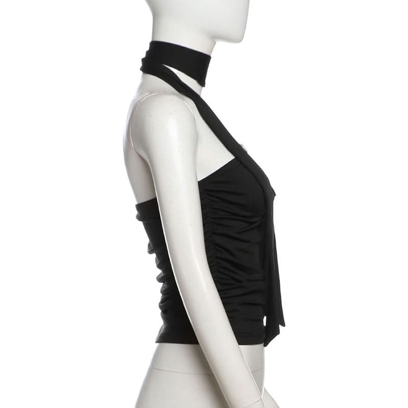 Effortlessly Chic Black Halter Top: Ruched Backless Keyhole & Shell Charm for Fall & Holiday Glam