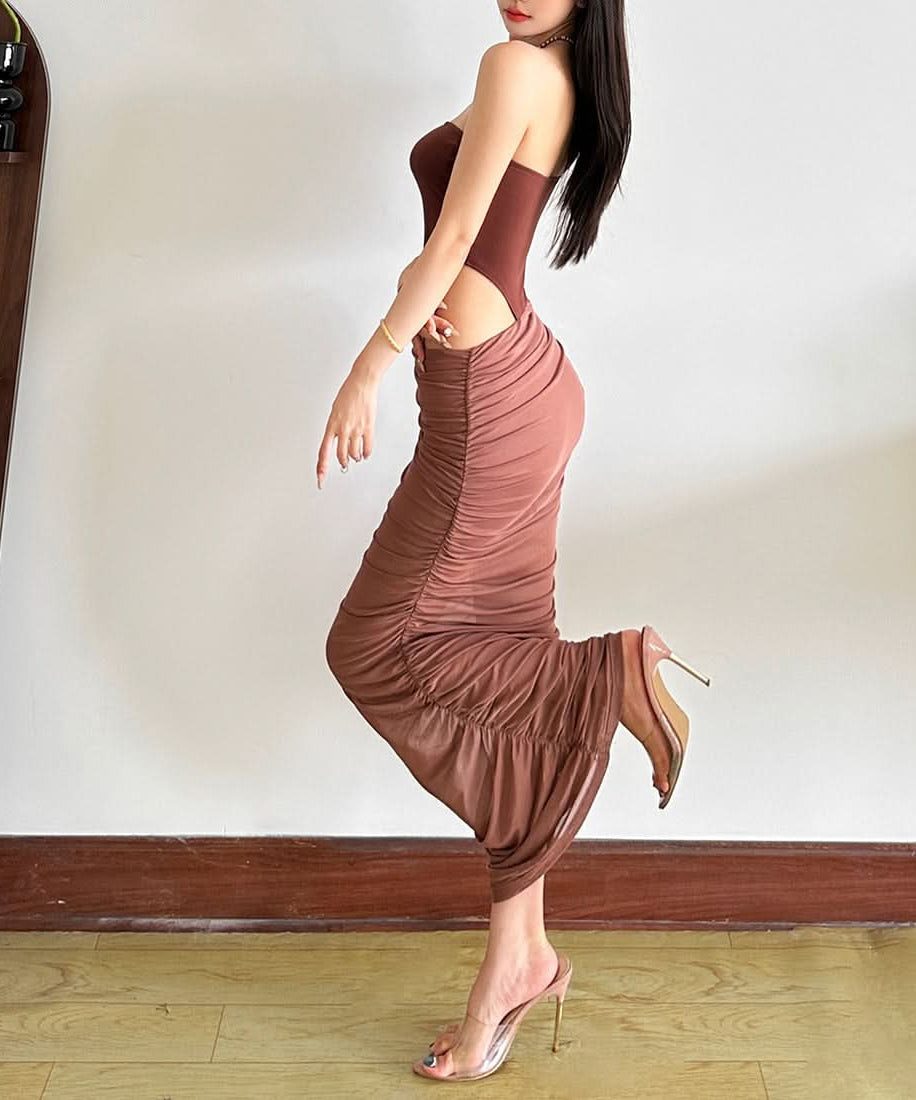 Sultry Siren Strapless Corset Cutout Ruched Maxi Dress - Fall Party & Date Night Ready