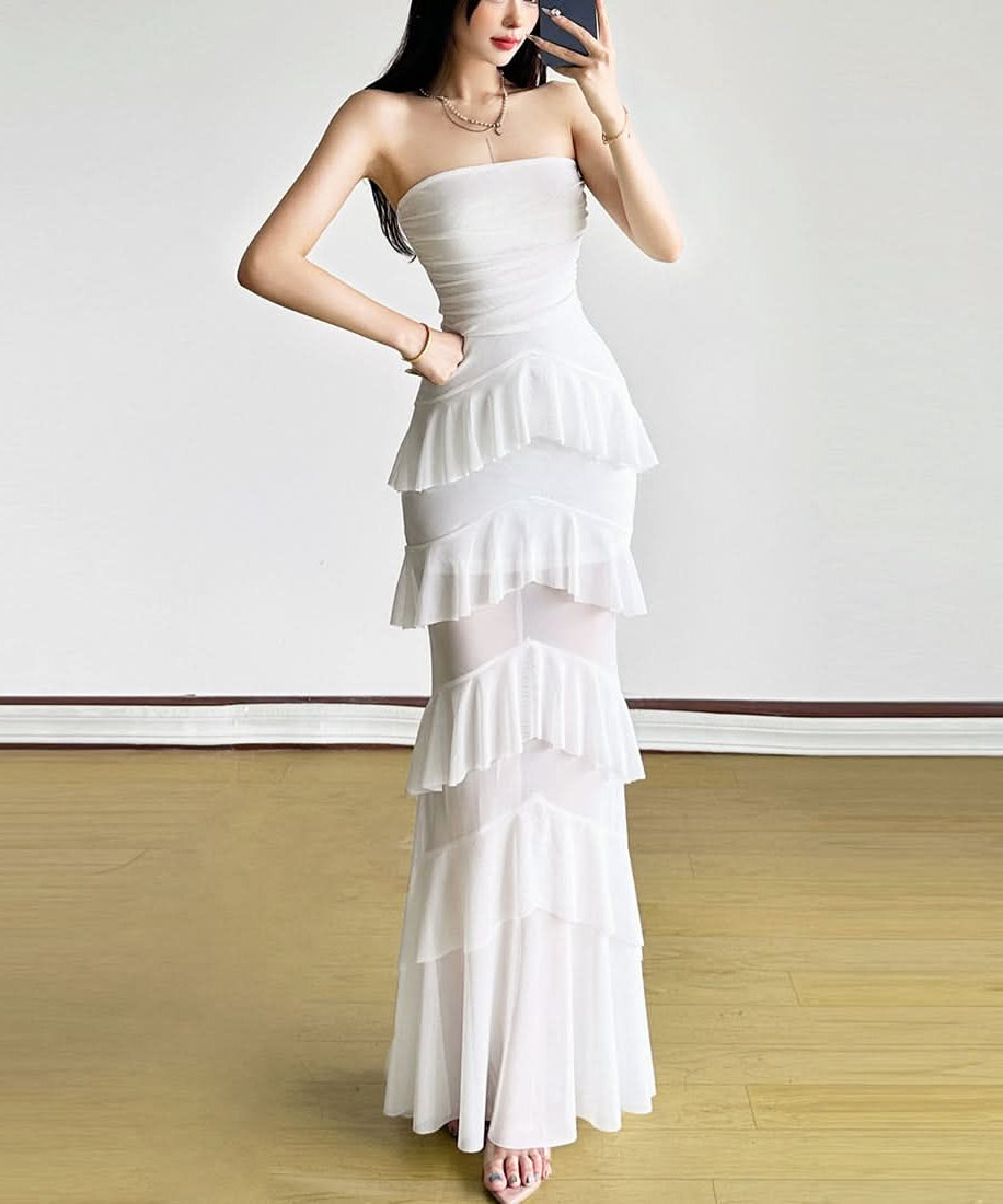 Elegant White Ruffled Mesh Maxi Dress - Strapless Tiered Gown for Holiday Parties & Resort Escapes