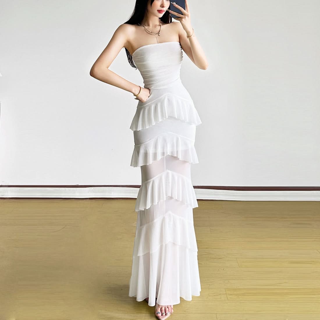 Elegant White Ruffled Mesh Maxi Dress - Strapless Tiered Gown for Holiday Parties & Resort Escapes