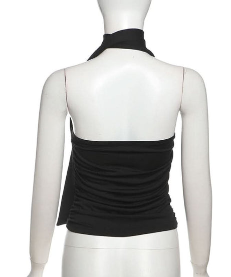 Effortlessly Chic Black Halter Top: Ruched Backless Keyhole & Shell Charm for Fall & Holiday Glam
