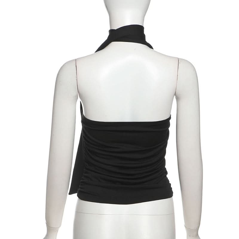 Effortlessly Chic Black Halter Top: Ruched Backless Keyhole & Shell Charm for Fall & Holiday Glam