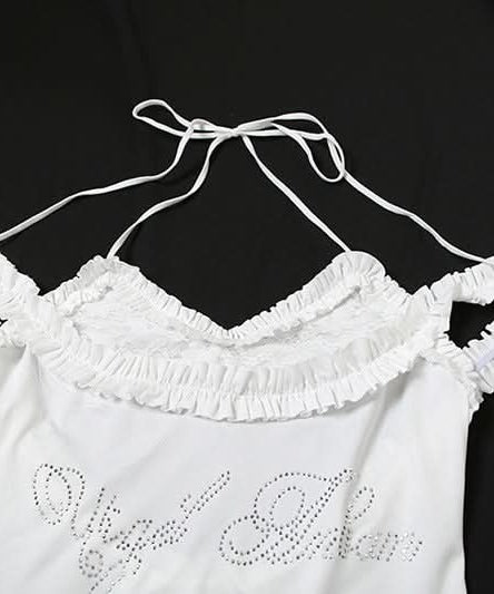 Angelic Sparkle Ruffle Halter Romper - White Bodycon Fall Fashion