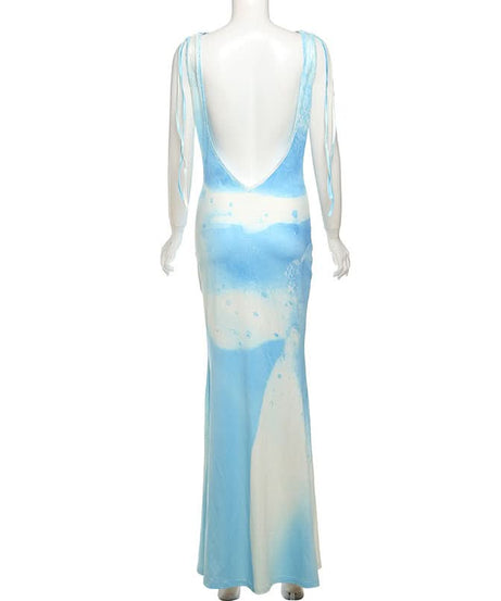 Azure Aura Backless Cowl Neck Maxi Dress - Fall Gala & Winter Escape Ready