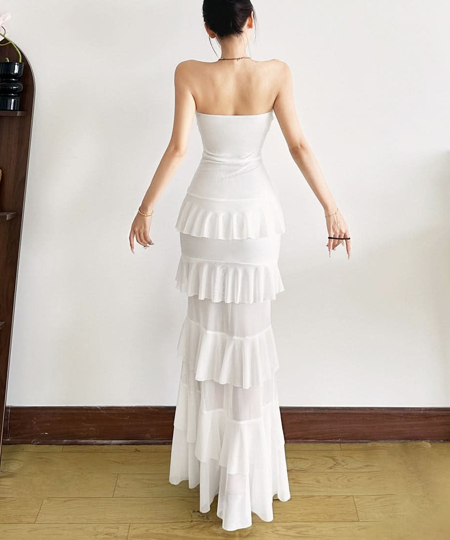 Elegant White Ruffled Mesh Maxi Dress - Strapless Tiered Gown for Holiday Parties & Resort Escapes