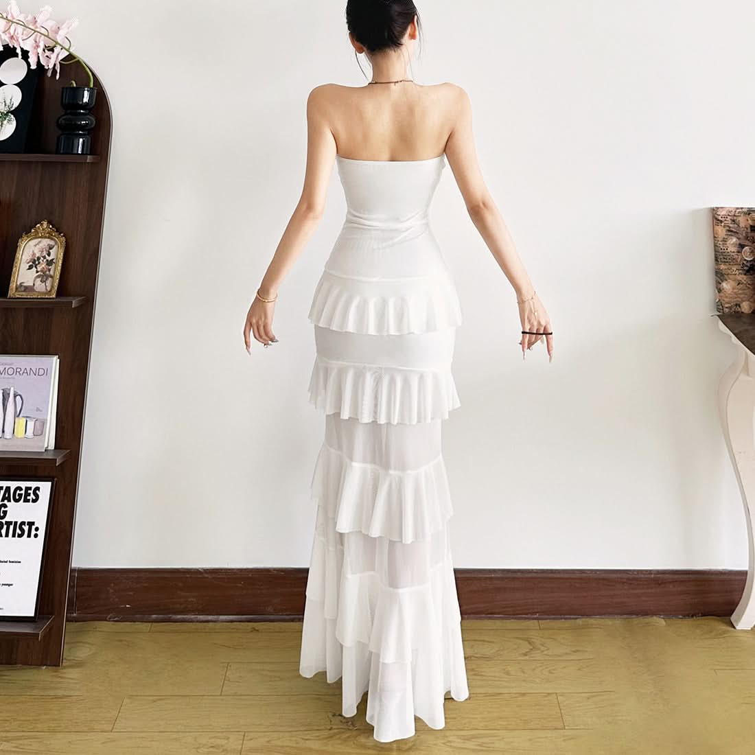 Elegant White Ruffled Mesh Maxi Dress - Strapless Tiered Gown for Holiday Parties & Resort Escapes