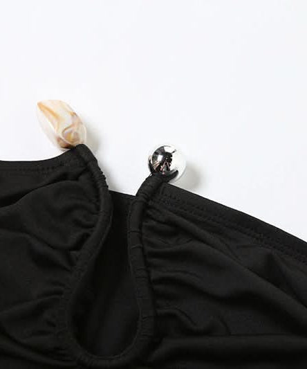 Effortlessly Chic Black Halter Top: Ruched Backless Keyhole & Shell Charm for Fall & Holiday Glam