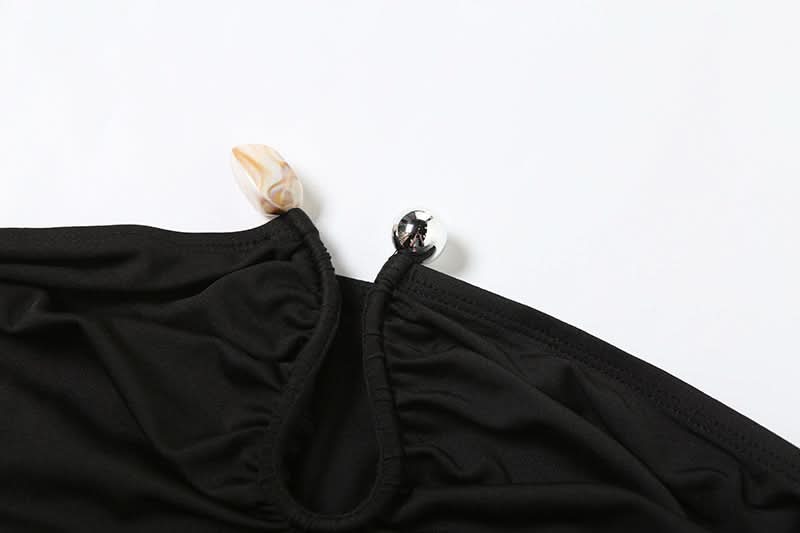 Effortlessly Chic Black Halter Top: Ruched Backless Keyhole & Shell Charm for Fall & Holiday Glam
