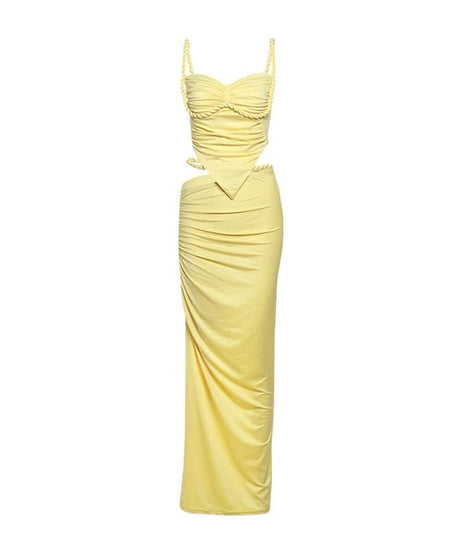 Chic Lemon Chiffon Ruched Cutout Maxi Dress Set | Braided Strap & Bodycon Glam for Destination & Special Events