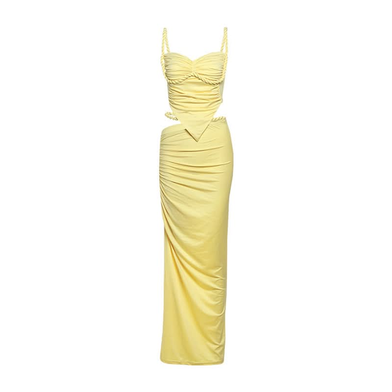 Chic Lemon Chiffon Ruched Cutout Maxi Dress Set | Braided Strap & Bodycon Glam for Destination & Special Events