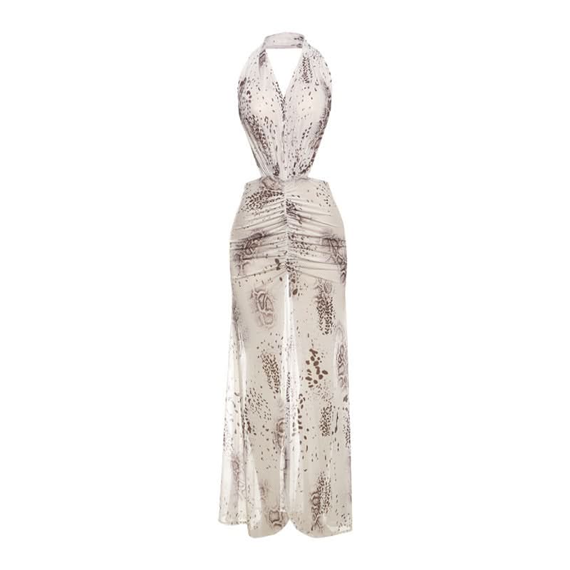 Showstopping Animal Print Halter Maxi Dress | Ruched Cutouts & High Slit | Holiday & Resort Ready