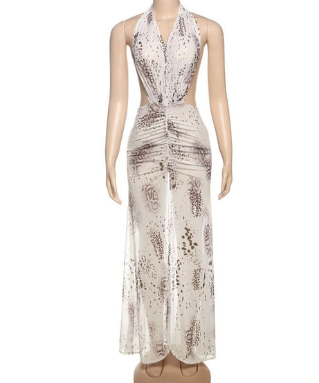 Showstopping Animal Print Halter Maxi Dress | Ruched Cutouts & High Slit | Holiday & Resort Ready