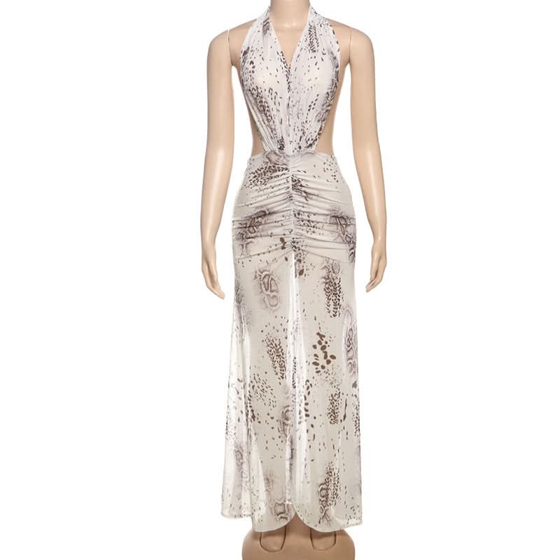 Showstopping Animal Print Halter Maxi Dress | Ruched Cutouts & High Slit | Holiday & Resort Ready