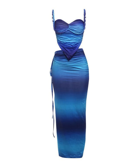 Chic Lemon Chiffon Ruched Cutout Maxi Dress Set | Braided Strap & Bodycon Glam for Destination & Special Events