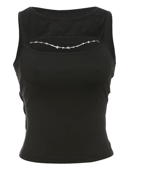 Edgy Chic Black Cutout Tank Top with Dazzling Chain Detail - Your Fall Statement Piece
