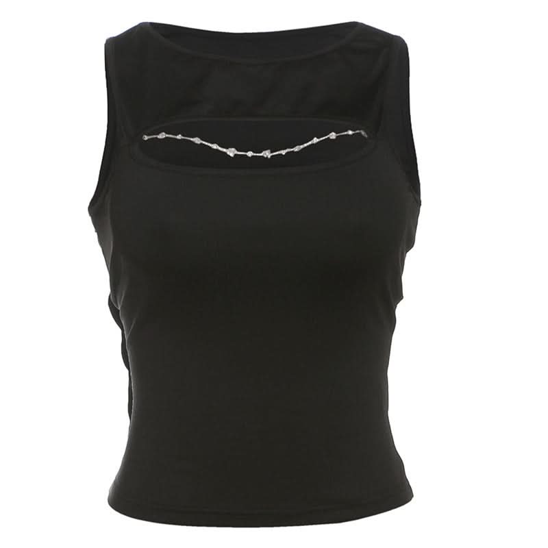 Edgy Chic Black Cutout Tank Top with Dazzling Chain Detail - Your Fall Statement Piece