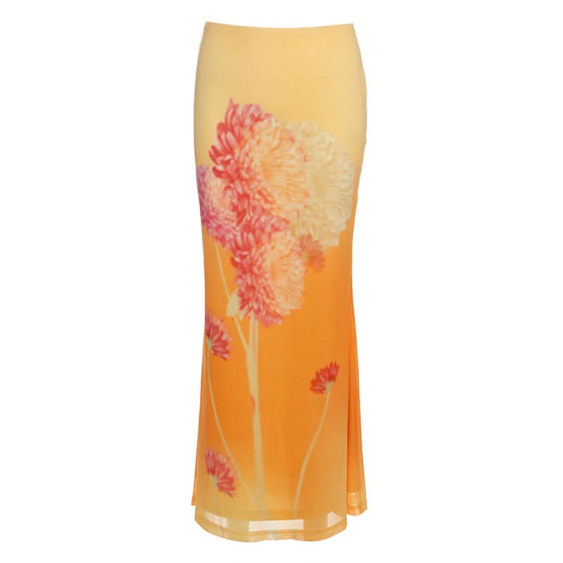 Autumn Glow Floral Mesh Maxi Skirt | Vibrant Gradient & Effortless Style
