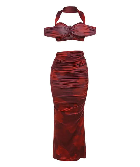 Fall & Holiday Glam: Burgundy Ruched Halter Crop Top & Maxi Skirt Set