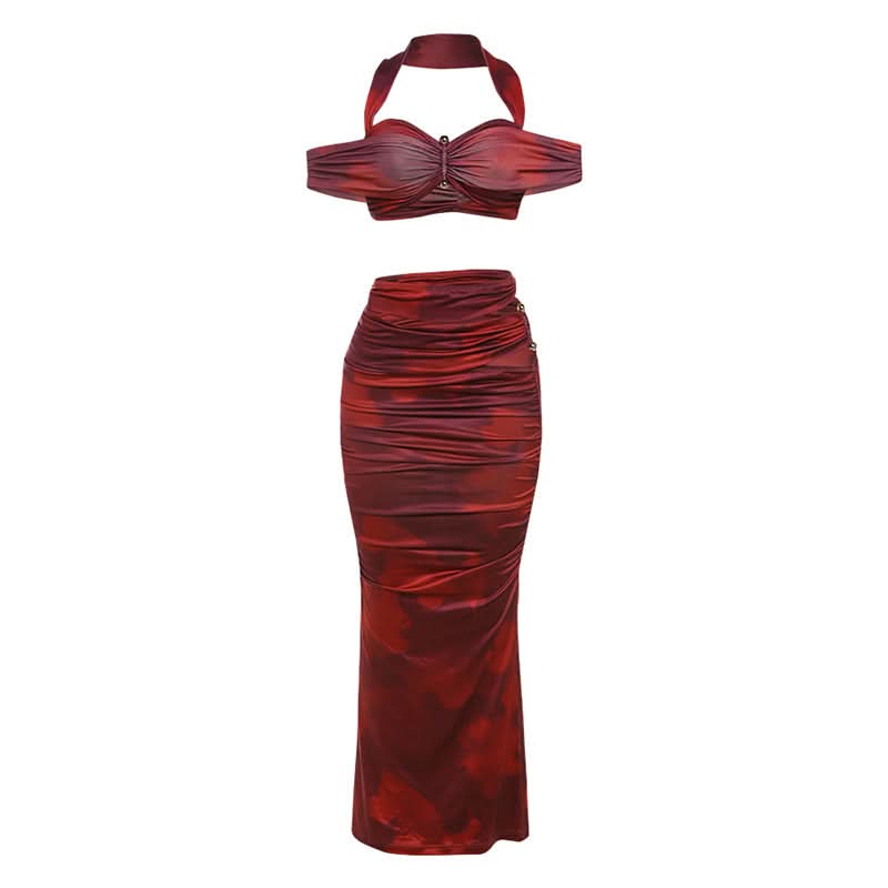 Fall & Holiday Glam: Burgundy Ruched Halter Crop Top & Maxi Skirt Set