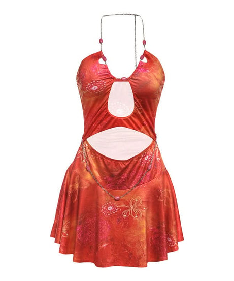 Y2K Fairycore Autumn Haze Cut-Out Halter Mini Dress with Chain Details