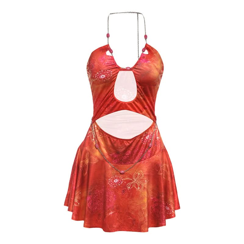 Y2K Fairycore Autumn Haze Cut-Out Halter Mini Dress with Chain Details
