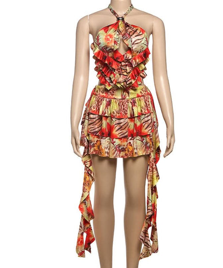 Vibrant Tropical Halter Ruffle Mini Dress - Chic Cut-Out Getaway & Resort Wear