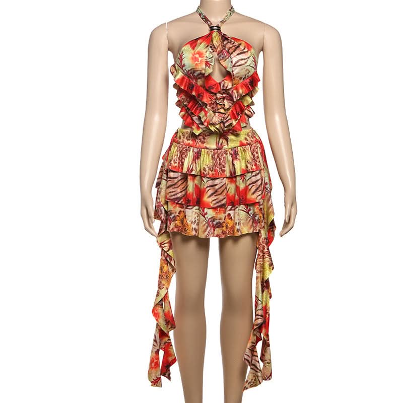 Vibrant Tropical Halter Ruffle Mini Dress - Chic Cut-Out Getaway & Resort Wear