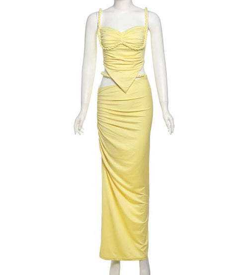 Chic Lemon Chiffon Ruched Cutout Maxi Dress Set | Braided Strap & Bodycon Glam for Destination & Special Events