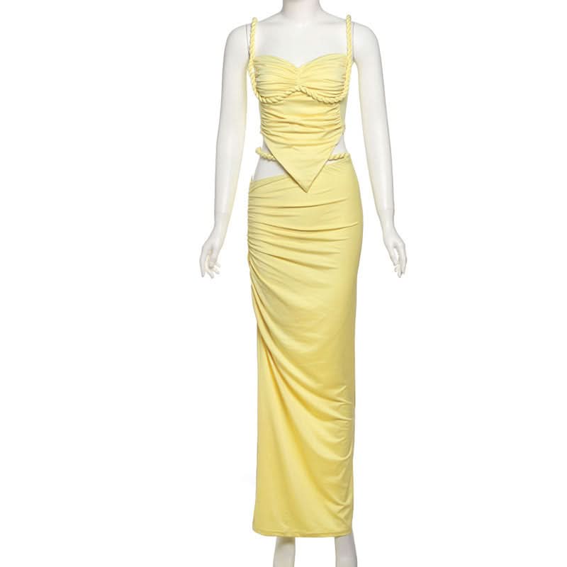 Chic Lemon Chiffon Ruched Cutout Maxi Dress Set | Braided Strap & Bodycon Glam for Destination & Special Events