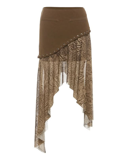 Enchanted Forest Asymmetrical Midi Skirt - Layered Animal Print Fairy Grunge for Fall
